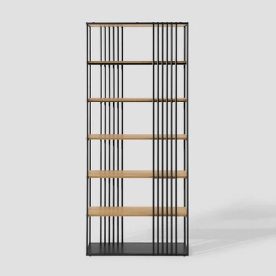 79" Modern 6 Shelf With Metal Bar Bookcase Coastal Oak/Black - Saracina Home - Image 5