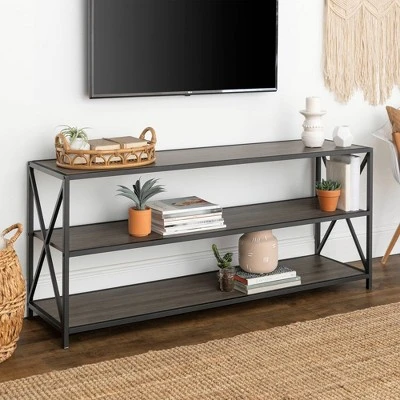 Modern Industrial X Frame Metal And Wood Media Bookshelf - Saracina Home