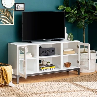 Pierceton Modern Double Glass Door With Metal Legs TV Stand For TVs Up To 58" White - Saracina Home - Image 6
