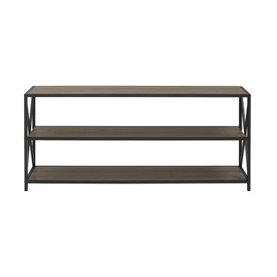 Modern Industrial X Frame Metal And Wood Media Bookshelf - Saracina Home - Image 3