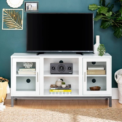 Pierceton Modern Double Glass Door With Metal Legs TV Stand For TVs Up To 58" White - Saracina Home - Image 7