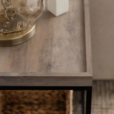 Rosalyn Urban Industrial Glam Square Tray Side Table With Metal Mesh Shelf Gray Wash - Saracina Home - Image 4