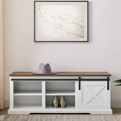 48" Transitional Sliding Barn Door Wood Bench White/Rustic Oak - Saracina Home - Image 4