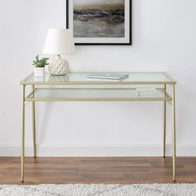 Modern 2 Tier Glass Top Writing Desk With Metal Legs Gold - Saracina Home - Image 3