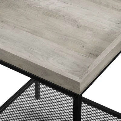 Rosalyn Urban Industrial Glam Square Tray Side Table With Metal Mesh Shelf Gray Wash - Saracina Home - Image 3