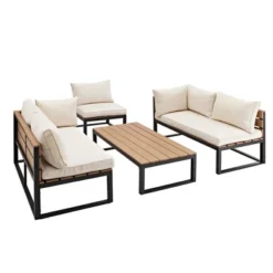 4pc Metal & Wood All Weather Patio Sectional Set - Natural - Saracina Home