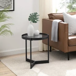 Modern Minimalist Tray Top Round Glass Side Table Black - Saracina Home
